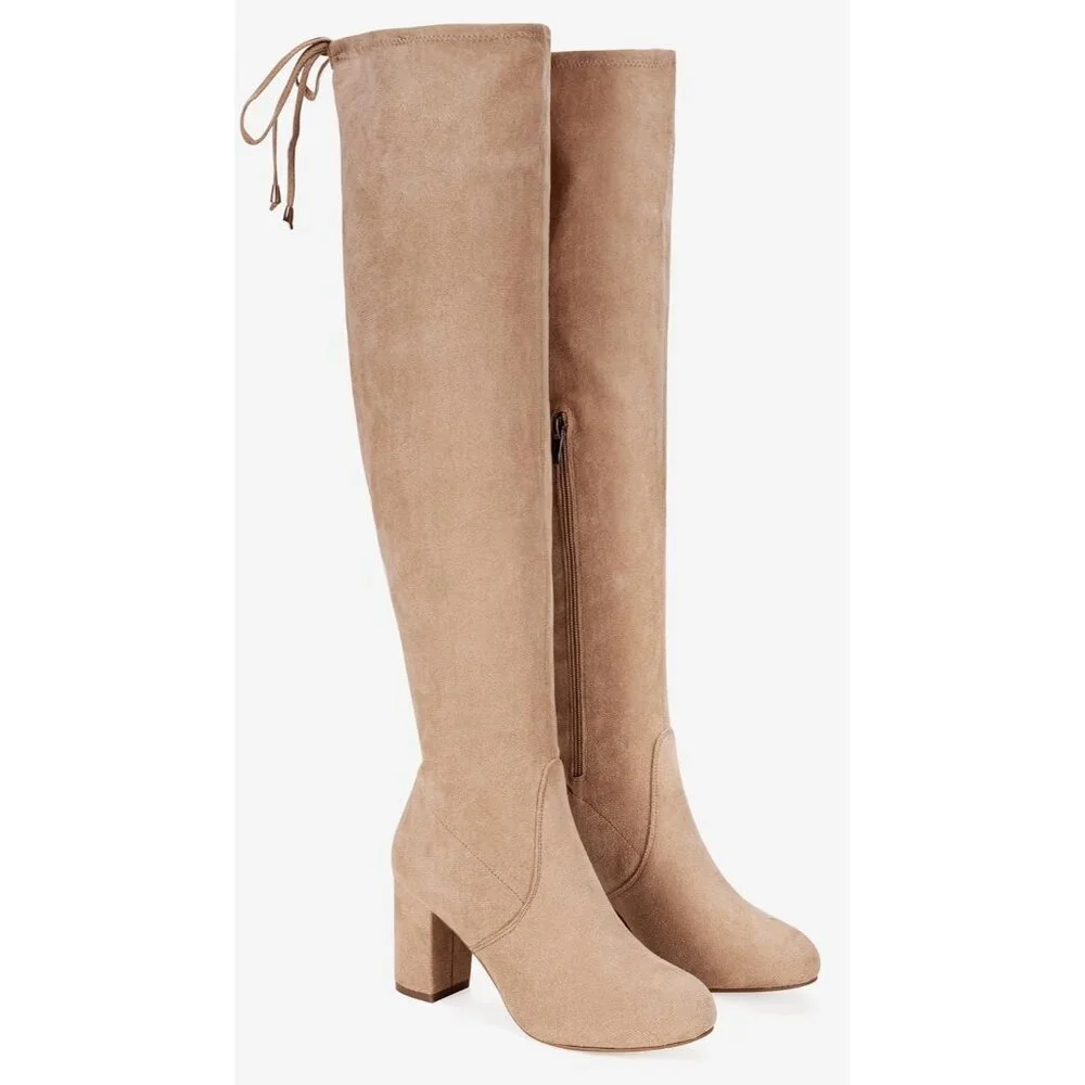 Women's Sand Suede Inner Zipper Thigh High Over The Knee High Square Heel Boots